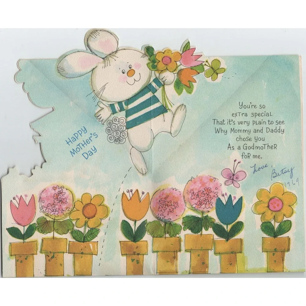 Vintage 1969 Hallmark Mother's Day Godmother Card Bunny Mouse Die Cut